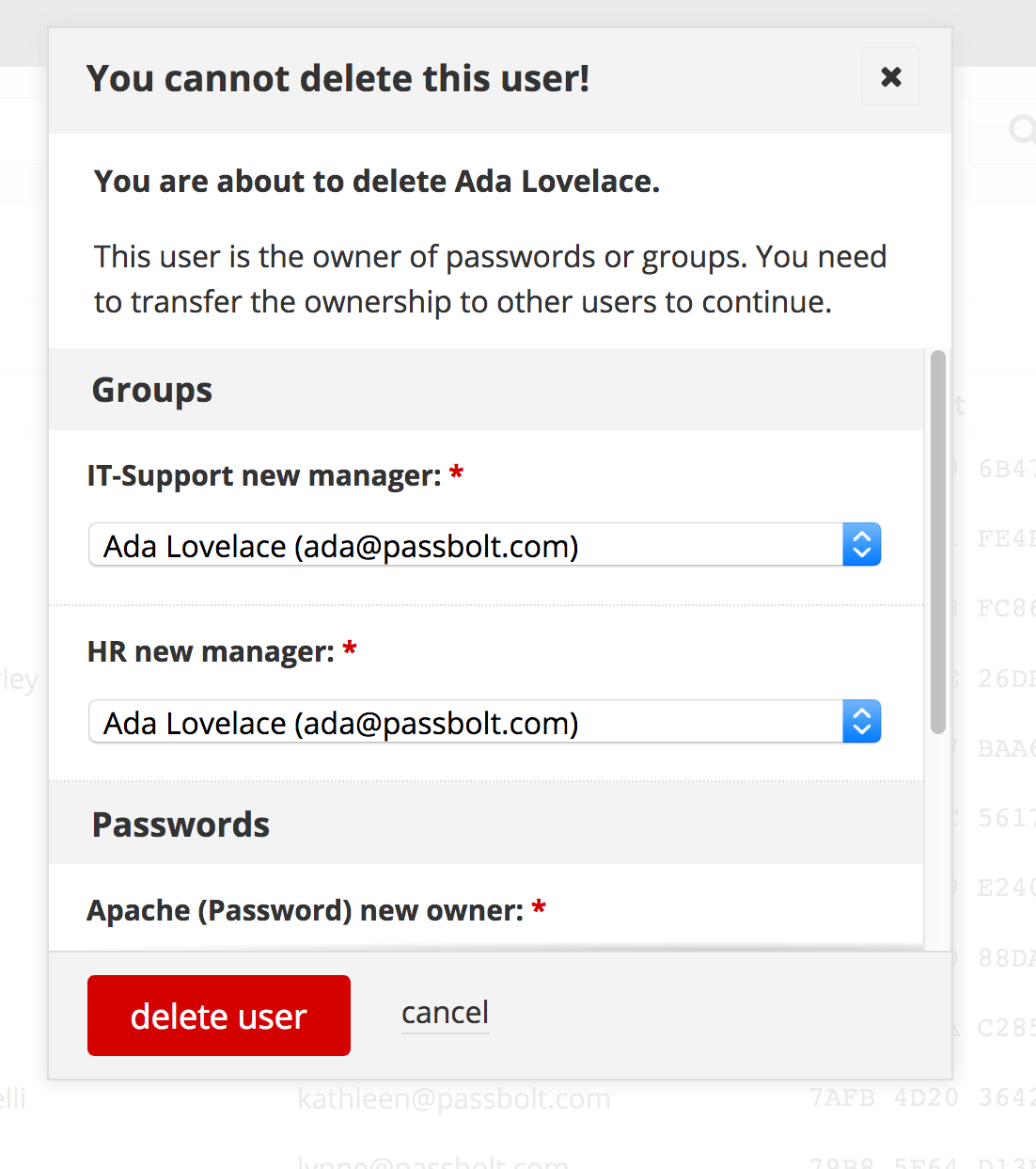 Example of user delete screen with permissions transfer