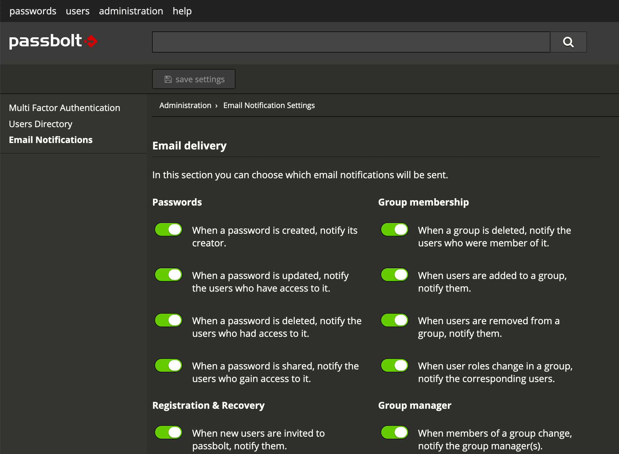 Email notifications configuration screen