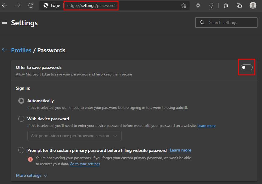 Disable Microsoft Edge built-in password manager
