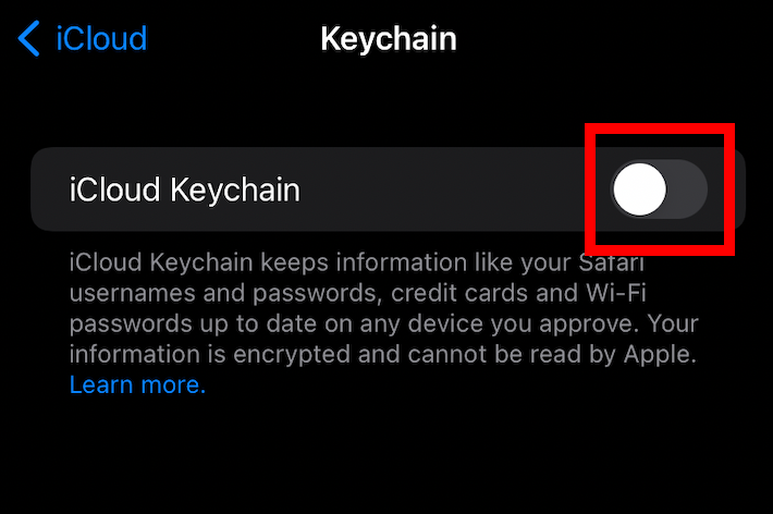 Turn off iCloud Keychain