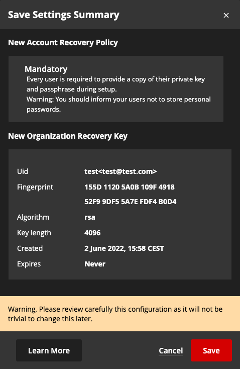 Account recovery administration settings summary review dialog