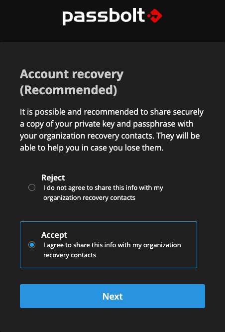 Account recovery screen during browser extension setup process (Opt-out policy)