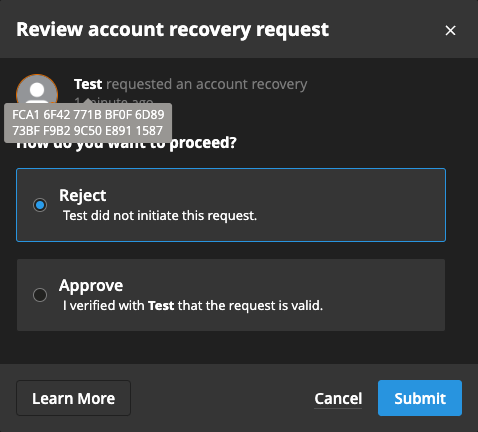 Account recovery request review dialog
