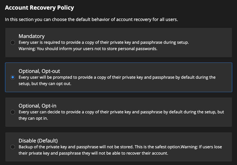 Account recovery administration settings choose policy