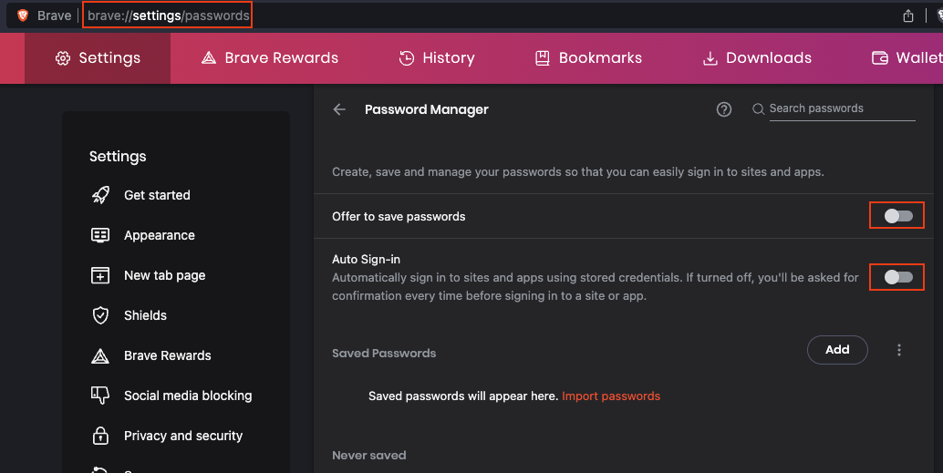 Disable Brave built-in password manager