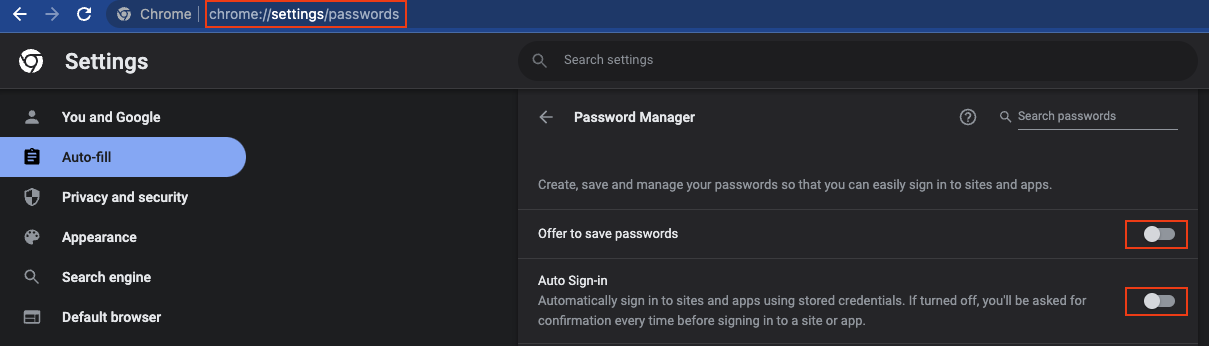 Disable Google Chrome built-in password manager
