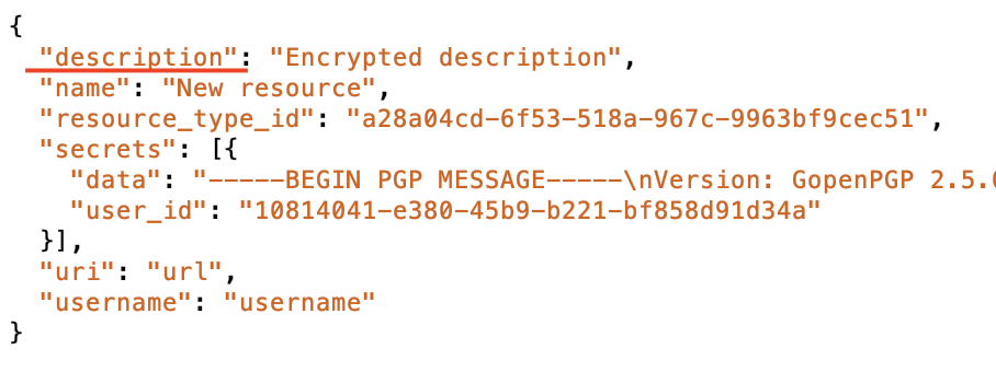 1. example of payload sent to the API while a new resource is created