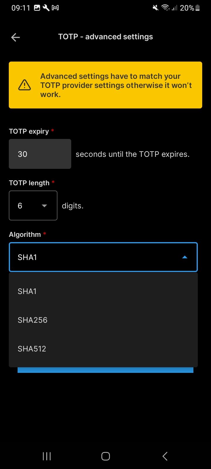 Android - TOTP Advanced Settings
