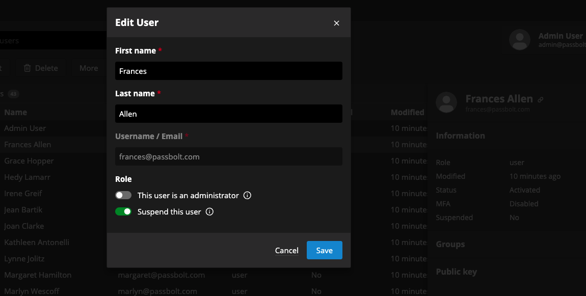 Edit user dialog, mark a user as suspended