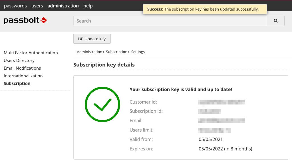 Subscription details in subscription key administration screen